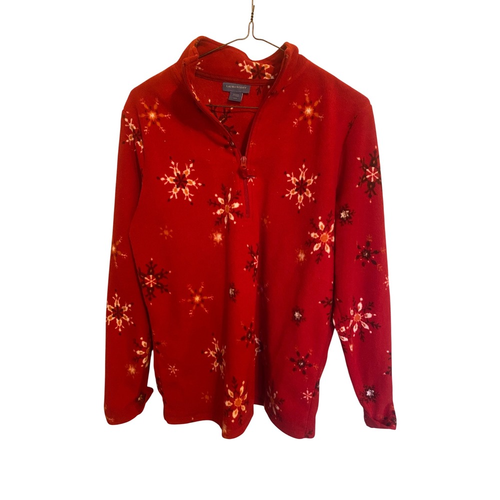 Laura Scott Sweater Womens Medium Red Snowflake Fleece Quarter Zip Pullover